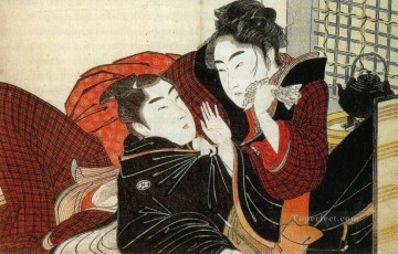 浮世絵 Painting - 枕歌の一場面 喜多川歌麿 浮世絵美人画 1788年